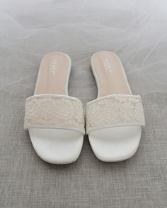 "Crochet flat sandals for classic and dressy look. Simple and easy wear for brides, bridesmaids and wedding parties. DETAILS: COLORS AVAILABLE: White & Ivory UPPER: Synthetic upper and lining MATERIALS: Mandmade outsole STYLE NAME: ASHLEY Not sure of which size to purchase? Shoes measurements are as follow: (Please note measurements taken the length of inside of shoe from toe to heel) Size 5.5 - 9.25\" Size 6 - 9.40\" Size 6.5 - 9.50\" Size 7 - 9.75\" Size 7.5 - 9.80\" Size 8 - 10\" Size 8.5 Bridesmaids Sandals, Bridesmaid Sandals, Bride Slippers, Crochet Flats, Sandals Wedding, Bridal Flats, Bridal Sandals, Wedding Flats, Pointy Toe Flats