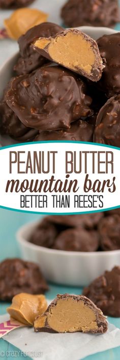 chocolate peanut butter mountain bars are stacked on top of each other in small white bowls