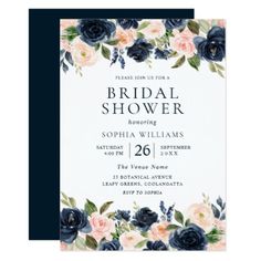 a wedding card with blue and pink flowers on it