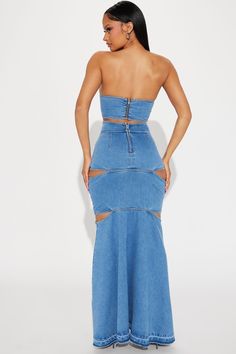 Available In Denim. Denim Maxi Dress Strapless Straight Neckline Cut Outs Seam Detail Exposed Back Zipper Stretch Disclaimer: Due To The Specialized Wash. Each Garment Is Unique. Disclaimer: Due To The Distressing Process, Each Garment Is Unique Self: 96% Cotton 4% Spandex Imported | Raya Denim Maxi Dress size Small by Fashion Nova Party Blue Denim Skirt, Blue Strapless Denim Dress, Maxi Dress Strapless, Black Romper Shorts, Plus Size Mini Dresses, Midi Dress Plus Size, Denim Maxi Dress, Plus Size Romper, Sheer Skirt