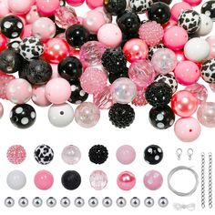 many different types of beads and accessories are arranged together on a white background with black, pink, and silver accents