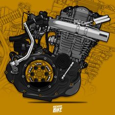 an image of a motorcycle engine on a yellow background