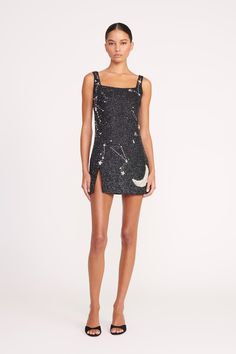 Our best-selling hand beaded mini dress has been updated in a constellation-inspired pattern for the Holiday season. This style is fully beaded and features a slit and a hidden side zipper. White Dance, Beaded Mini Dress, Custom Handbags, Moon Bag, Night Moon, Mini Moon, Good Night Moon, Sandal Platform, To The Moon