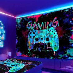 a bedroom with neon lights and a gaming controller on the wall