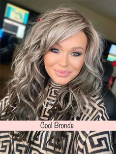 Chantal Beach Waves Full Monofilament Luxury Wig *Final Sale* – SophiaRene Boutique Ash Blonde With Bangs, Highlights For Greying Hair, Grey Blending Highlights Blondes, Long Hair Over 50 Older Women, Hair Colors Ideas, Grey Blonde Hair, Frosted Hair, Grey Highlights