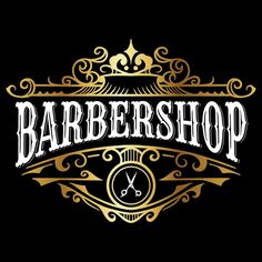 barbershop logo on black background with gold trimming