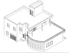 an outline drawing of a house with a balcony and stairs leading up to the second floor