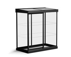 a black and white photo of a glass display case with two shelves on each side