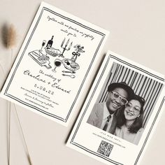 two wedding cards with an image of a couple on the front and back, sitting next to each other