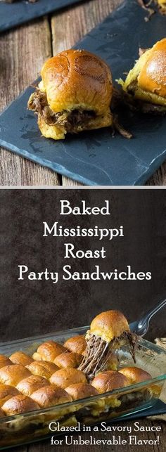 baked mississippi roast party sandwiches on serving trays