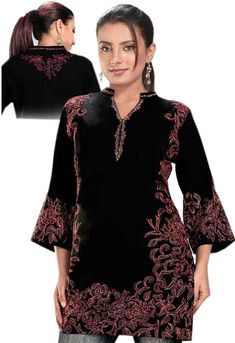 Black Tunic Tops , Embroidered Top ,Long Sleeve Dress, tunic tops for women, Tunics, Ladies Tops, Oversized Tunic, Plus Size Tunic Tunic Made From crepe Half collar neck It is intricately crafted with floral Embroidered work. Mid-thigh Long-sleeve Top Wash Care: 🔸Machine wash or gentle hand wash in cold water. ---- Custom orders are available ---- 🔸We are a custom Design shop! Please contact us if you would like us to customize the tops for your measurements. We will be glad to do so! If You l Traditional V-neck Tops With Intricate Embroidery, Elegant Blouse With Embroidered Border For Festivals, Elegant Embroidered Blouse For Festivals, Festive Tunic Top With Embroidered Neckline, Elegant Embroidered Festival Blouse, Elegant Embroidered Fitted Tunic, Resham Embroidery Tunic Top, Elegant Tops With Embroidered Border For Festive Occasions, Elegant V-neck Top With Resham Embroidery