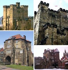 four pictures of old buildings in different locations