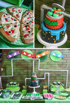 this is a collage of pictures with cakes and desserts on display in different colors