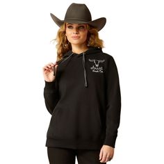 Ariat Ladies Steer Stitch Hoodie The ultimate throw-on-and-go layer. Crafted from soft fleece, this cozy hoodie will be the first thing you reach for when you need a little extra warmth. Features: Embroidery detail Adjustable hood with soft jersey lining Kangaroo pocket Specifications: Materials: 52% Cotton, 48% Polyester Ariat Hoodie, Womens Ariat Boots, Barn Boots, Stitch Hoodie, Ariat Boots, Western Outfits Women, Cozy Hoodie, Western Outfits, Long Sleeve Hoodie