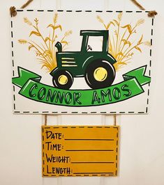 a sign hanging from the side of a door that says,'cowor amos date time weight length length