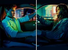 two images of a man and woman in a car, one is driving the other has his hand on the steering wheel