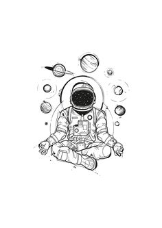 an astronaut is sitting in the lotus position with planets around him and his hands on his knees