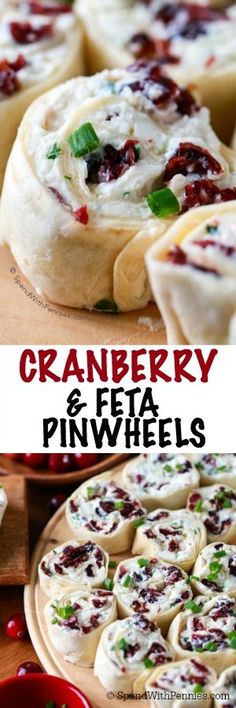 cranberry and feta pinwheels on a cutting board with text overlay