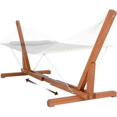 a wooden hammock stand with a white fabric