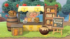 the animal crossing game has an old woman selling honey in front of her stall,