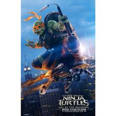 the poster for teenage mutant ninja turtles is shown in front of a cityscape