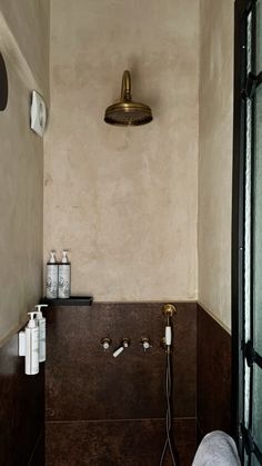 a bathroom with a shower head, soap dispenser and toilet paper