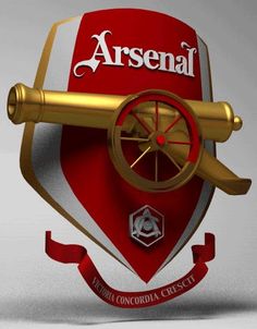 the logo for arsenal is displayed on a red and white shield with gold accents