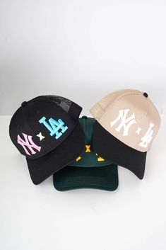 "Weather you represent LA or NY or even both, our hat brings all what is best in these cities right on your head. Our NY x LA unisex hat was engineered with a hydrophobic technology on the crown panels designed to bead away water and prevent absorption. Constructed with durable materials making the hats floatable, and breathable. Firm Front Panel 5 panel cap Seamless Foam Front Panel with Lining Slight Curved Visor Matching Fabric Undervisor Matching Color Sweatband Plastic Adjustable Snap Size: Ny La Hat, Urban Baseball Visor Hat, Urban Style Baseball Season Visor Hat, Urban Hat For Baseball Season, Urban Visor Hat For Baseball Season, Urban Style Hat For Baseball Season, Urban Style Visor Hat, One Size Fits Most, Letter Print Six-panel Hat For Streetwear, Urban Style Visor Hat