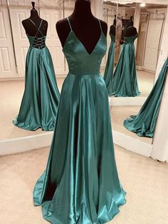 Simple A Line V Neck Satin Backless Green Long Prom Dresses, Open Back Green Formal Graduation Evening Dresses Green Satin Prom Dress, Satin Long Prom Dress, Green Formal Dresses, Graduation Dresses, Cute Prom Dresses, Backless Prom Dresses, Pretty Prom Dresses, Custom Size Dresses, فستان سهرة