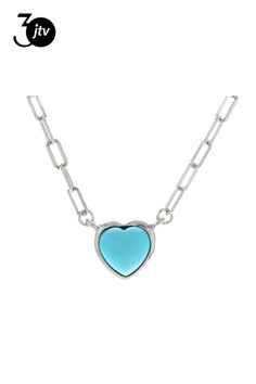 7mm Heart Shaped Blue Sleeping Beauty Turquoise Rhodium Over Sterling Silver Necklace. Measures Approximately 0.36"L x 0.36"W. 18" Paperclip Chain. 2" Extender. Lobster Claw Clasp. Blue Heart Charm Round Jewelry, Nickel-free Blue Heart-shaped Jewelry, Blue Necklace With Heart Charm, Blue Necklace With Round Heart Charm, Blue Necklaces With Heart Charm And Round Shape, Blue Heart Charm Necklaces, Nickel-free Blue Heart Necklaces, Blue Nickel-free Heart Pendant Jewelry, Blue Heart Necklace With Adjustable Chain