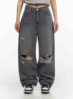 Gray / L Trendy Distressed Bottoms For Everyday, Trendy Ripped Bottoms For Everyday Wear, Casual Distressed Bottoms For Fall, Oversized Ripped Bottoms For Streetwear, Edgy Distressed Relaxed Fit Jeans, Distressed Jeans For Spring Streetwear, Spring Distressed Jeans For Streetwear, Baggy Cotton Grunge Jeans, Spring Streetwear Distressed Jeans