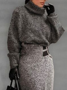 Urban Sweater, Plain Sweaters, High Waist Fashion, Long Sleeve Turtleneck, Loose Sweater, Urban Chic, Elegant Outfit, Grey Fashion, Long Sleeve Casual