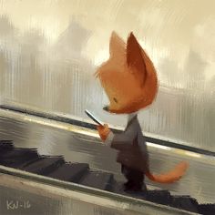 a painting of a cat holding a knife and looking at something in its hand while standing on some steps