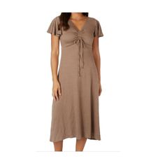 Max Studio V Neck Midi Dress Color: Taupe Brown Size: Small New With Tags Msrp $128 Casual Brown Ruched Midi Dress, Taupe Fitted V-neck Dress, Casual Brown Viscose Dress, Spring Taupe V-neck Dress, Brown Viscose Midi Dress For Summer, Casual Beige Viscose Dress, Fitted Taupe V-neck Dress, Beige Ruched V-neck Midi Dress, Taupe Casual Dress For Day Out