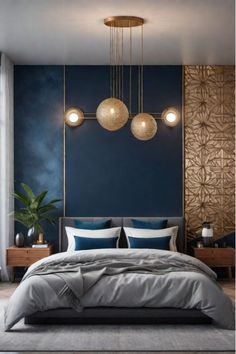 a bedroom with blue walls and two lamps hanging from the ceiling, along with a large bed