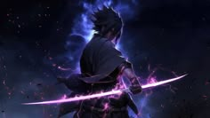 an anime character with two swords in his hand and lightning behind him on a dark background