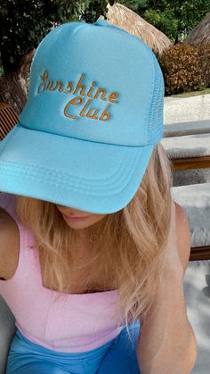 Custom embroidered Sunshine Club Trucker Hat Yellow Hats, Pearl Bride, Cap Girl, Sun Art, Snap Backs, Boyfriend Fit, Trucker Hats, Aesthetic Clothes, Blue Yellow