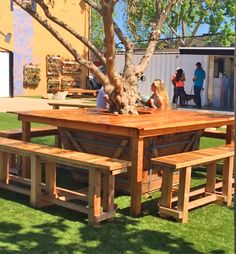 two women sitting at a picnic table under a tree