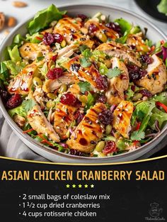 Easy and tasty recipes | Asian Chicken Cranberry Salad | Facebook Chicken Salad Bowls, Salad Bowl Recipes, Cranberry Salad Recipes