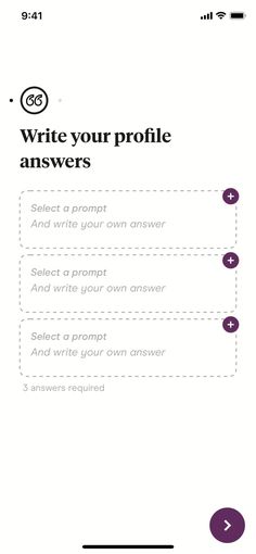 the text on the screen reads, write your profile answers and then select which answer you want
