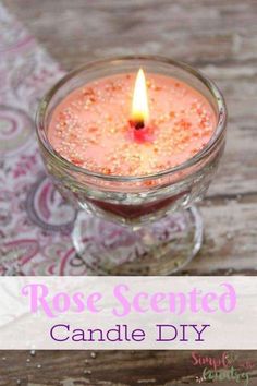 a candle that is sitting in a glass bowl on top of a doily with the words, rose scented candle diy