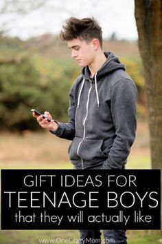 a young man is texting on his cell phone with the caption gift ideas for teenage boys that they will actually like