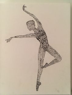 a black and white drawing of a person in the shape of a ballerina with words all over it