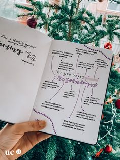 someone is holding an open book in front of a christmas tree with writing on it