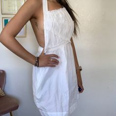 This Was A Gift Last Year But I Ended Up Not Wearing It! Cotton Halter Neck Mini Dress For Brunch, Backless Mini Dress For Daywear, White Backless Cotton Mini Dress, White Cotton Backless Mini Dress, Backless Summer Sundress For Daywear, White Dress Backless, Free People White Dress, Backless Halter Top, Dress Backless