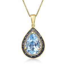 Ross-Simons - 5.50ct Sky Blue Topaz, .20ct t. w. Blue Diamond Pendant Necklace, White Diamond Accents Over Sterling. 18". Positively regal and exceptionally radiant, our pendant necklace provides unmatched elegance. An ethereal 5.50 carat pear-shaped sky blue topaz gem is framed by .20 ct. t. w. white and blue diamonds in 18kt yellow gold over sterling silver. Party-ready and also perfect for a date night! Black rhodium. Box chain. Springring clasp, diamond and sky blue topaz pendant necklace. O Classic Blue Diamond Necklace With Accents, Formal Blue Diamond Gemstone Necklace, Formal Blue Gemstone Diamond Necklace, Classic Blue Necklace With Accent Stones, Blue Pear-shaped Birthstone Jewelry, Classic Blue Necklaces With Accent Stones, Classic Blue Diamond Anniversary Necklace, Blue Teardrop-shaped Jewelry With Diamond Accents, Blue Teardrop Jewelry With Diamond Accents