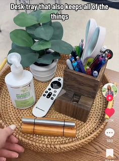 there is a basket with various items on it and the caption reads, desk tray that also keeps all of the things