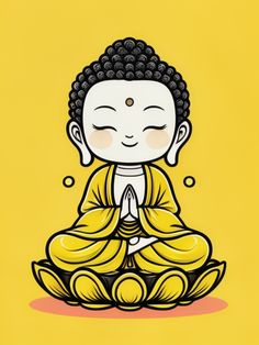 a buddha statue sitting in the middle of a yellow background with black dots on it