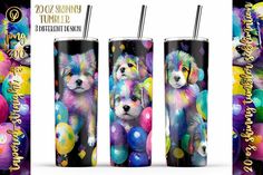 three colorful puppies with balloons and confetti on them are shown in this tumbler