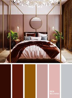 a bedroom with pink, brown and white colors in the bedding is featured on this page